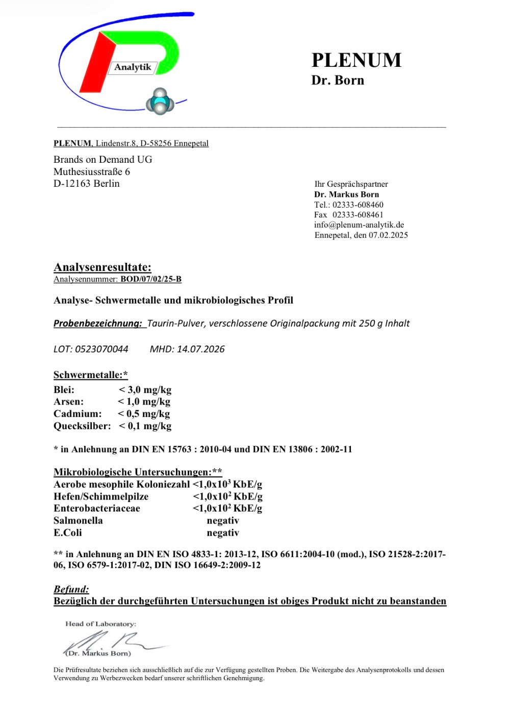 Taurin Pulver - 500g Doypack